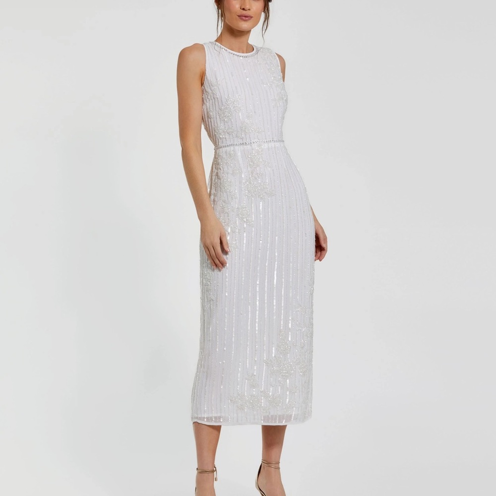 ✔️#26 BNWT MAC DUGGAL White Floral Embellished Sleeveless Midi Dress #70260